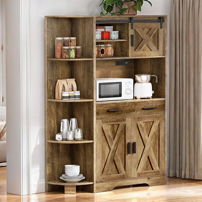 YITAHOME 67" Farmhouse Pantry with Power Outlet & Sliding Barn Door, Oak | Freestanding Hutch with Charging Station, Shelves & Drawer for Kitchen and Dining Room
