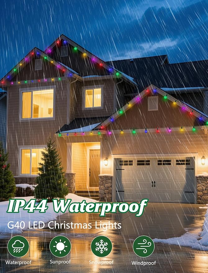 SUNSGNE G40 LED Vintage Christmas Lights, 50FT Christmas Globe String Lights with 27 LED Frosted Multicolor Bulbs(2 Spare) for Patio Backyard Roofline Decorations