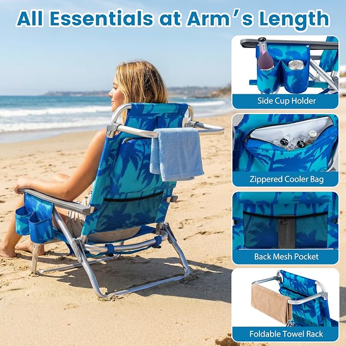 GYMAX Beach Chairs, Backpack Camping Chair | with Armrest, Cooler Bag, Cup Holder & Towel Bar, Sunbath Tanning Lounge, Folding Layout Chair (Without Table, Coconut Tree)