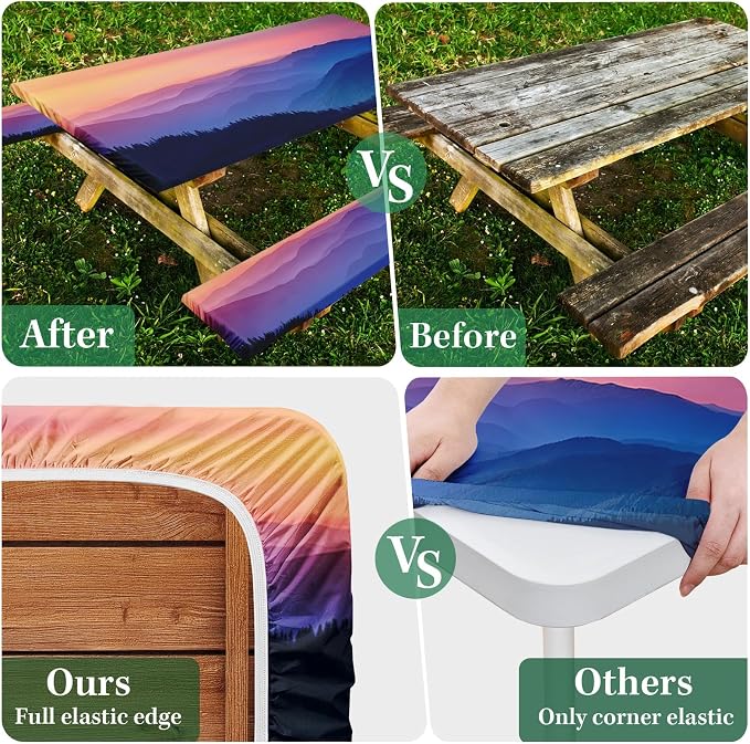 Picnic Table Cover with Bench Covers, Nature, 3PCS, 72 Inch | Full Elastic Edge Camping Tablecloth Waterproof Wipeable RV Outdoor Patio Park Essentials Drawstring Bag