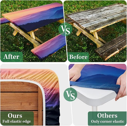 Picnic Table Cover with Bench Covers, Nature, 3PCS, 72 Inch | Full Elastic Edge Camping Tablecloth Waterproof Wipeable RV Outdoor Patio Park Essentials Drawstring Bag