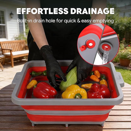 FEASTO Collapsible BBQ Prep Tubs with Cutting Board, 9-IN-1, 2 Tubs Portable Grill Prep Station with Side Brackets, Lids, Knives, Meat Claws and Drain Rack, Space-Saving for Kitchen & Camping, Red