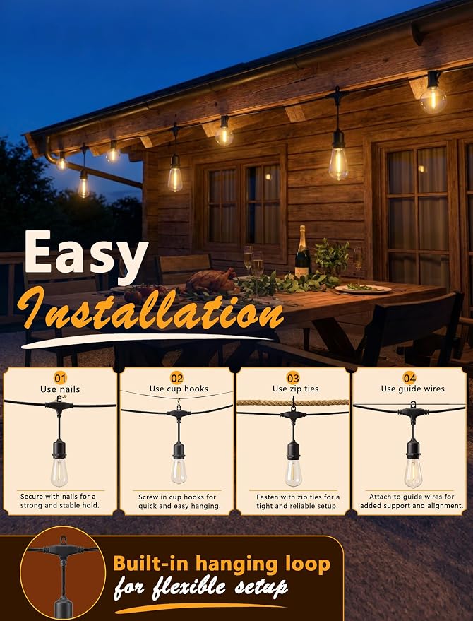 30FT 19-Light T Shape Outdoor String Lights, ST38 G40 Patio Lights | 19 Shatterproof LED Bulbs, 2700K Warm White, UL-Listed, Dimmable, IP65, Plug In, Commercial Grade Patio Pergola Cafe Backyard