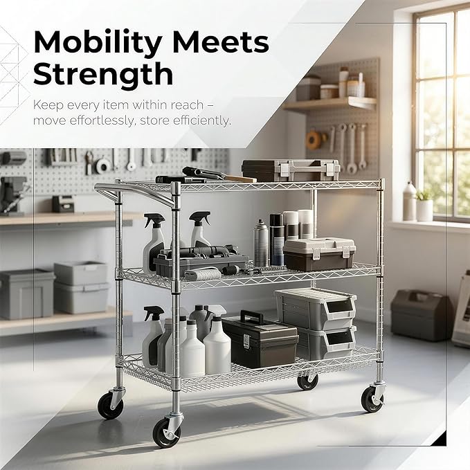 Finnhomy 3 Tier Heavy Duty Commercial Grade Utility Cart, Wire Rolling Cart with Handle Bar, Steel Service Cart with Wheels, Utility Shelf Plant Display Shelf Food Storage Trolley, NSF Listed