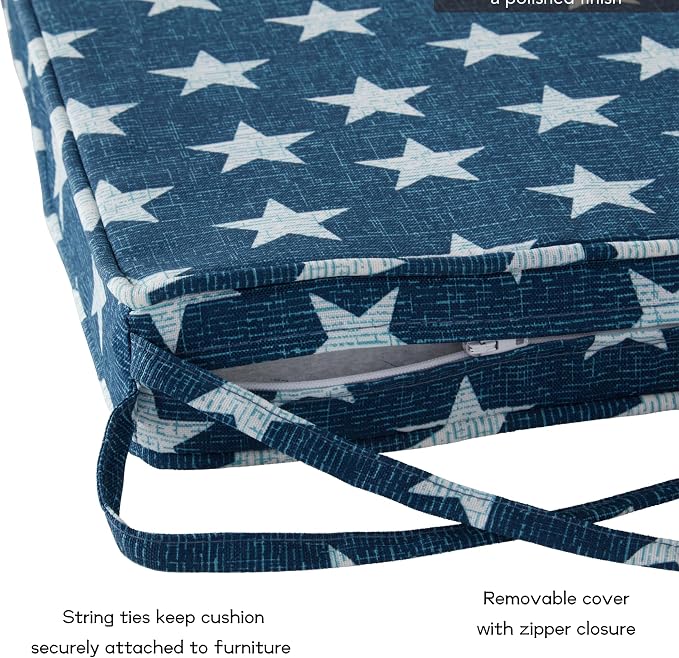 Outdoor 18 inch Square Patio Dining Chair Pads – Comfortable Fiber-Filled Seat Cushions with Ties, Reversible Polyester Fabric - Stars, Set of 4