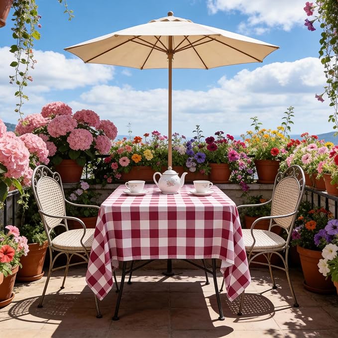 SquarePie Outdoor Tablecloth with Umbrella Hole and Zipper Rectangle Waterproof Gingham Table Cloth Spillproof Table Cover for Camping Picnic Patio Poolside Garden BBQS, 52x70 Burgundy Red Checkered