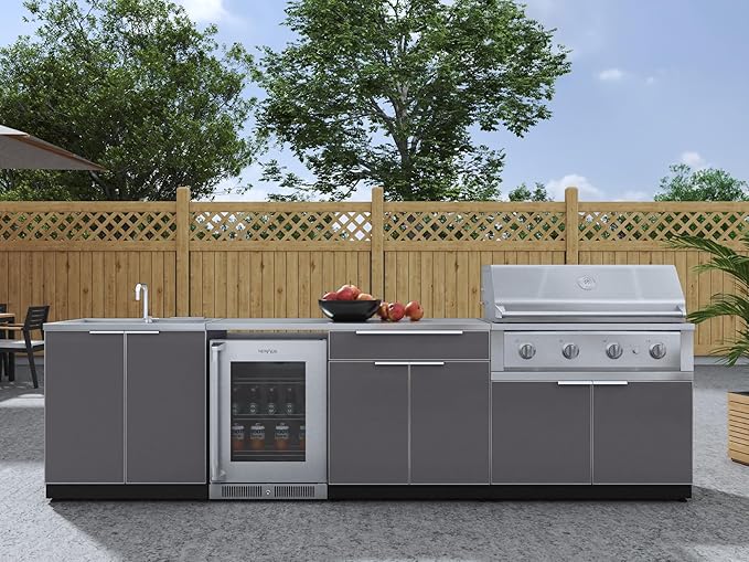 NewAge Products Outdoor Kitchen Aluminum 6 Piece Cabinet Set with Sink, Bar, Grill Cabinet, Performance Grill, Countertop and Fridge, 66327