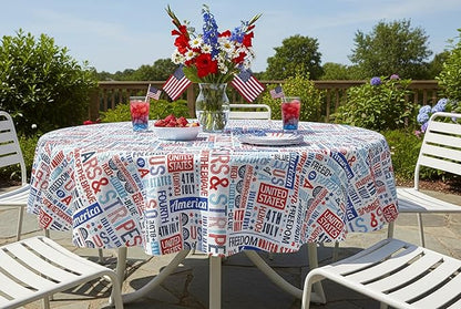 Newbridge Celebrate America Patriotic Blue Stars and Stripes 70 Inch Round Vinyl Tablecloth with Flannel Backing, Indoor Outdoor Waterproof BBQ Picnic Patriotic Party Table Cover