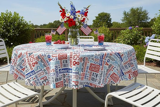 Newbridge Celebrate America Patriotic Blue Stars and Stripes 70 Inch Round Vinyl Tablecloth with Flannel Backing, Indoor Outdoor Waterproof BBQ Picnic Patriotic Party Table Cover