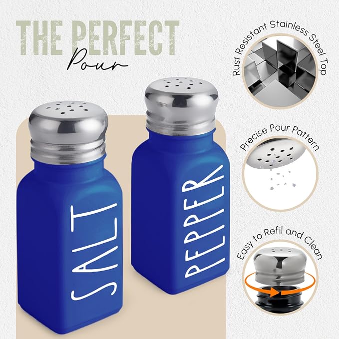 Blue Salt and Pepper Shakers Set with Holder by Brighter Barns - Glass Salt Shaker with Caddy - Farmhouse Kitchen Decor and Accessories for Coastal Home, Dining Table, Restaurant, Airbnb, Gifts (Blue)