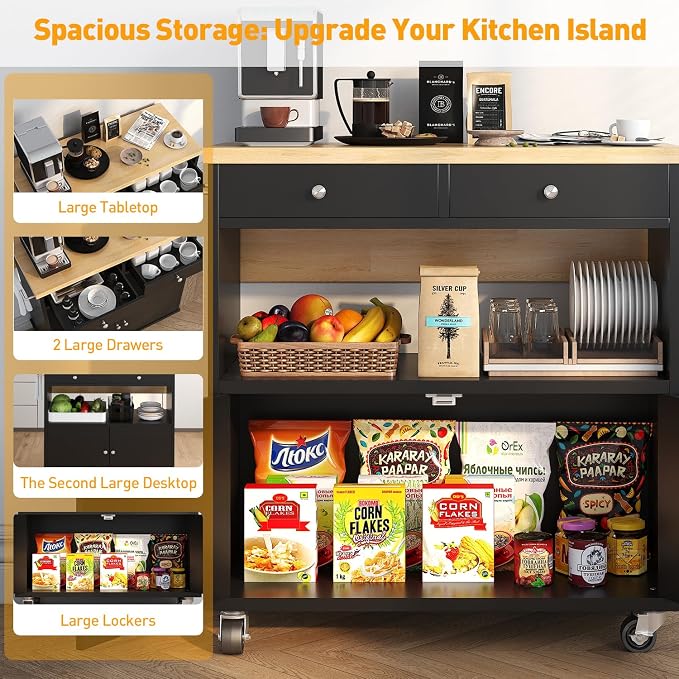 Rolling Kitchen Island with Folding Drop Leaf Breakfast Bar, 35.4'' W Kitchen Cart with Storage Cabinet and 2 Drawers, Portable Mobile Kitchen Island Table with Towel Rack, Lockable Wheels, Black