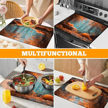 Multi-Design Stove Cover for Glass/Electric Stoves - 3-in-1 Heat-Resistant Protector Mat, Non-Slip Drying Rack 28"x20"