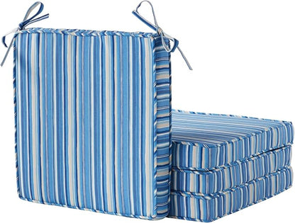 Outdoor 18 inch Square Patio Dining Chair Pads – Comfortable Fiber-Filled Seat Cushions with Ties, Reversible Polyester Fabric - Sapphire Stripe, Set of 4