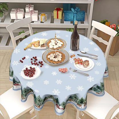Sweetshow Winter Snowflake Blue Table Cloth Round Christmas Tree Deer Squirrel Tablecloth 70 Inch Winter Decor Washable Stain and Wrinkle Resistant Round Table Cover for Dining Party Picnic