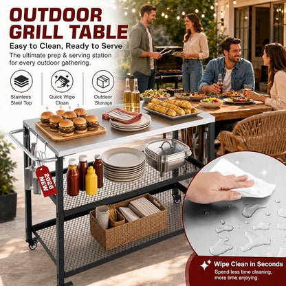 Grill Table with Stainless Steel Top, 28.54 x 16.14 in | Outdoor Grill Cart with Wheels, 2-Tier Mesh Storage, 200 lb Worktop, Tool Hooks, For Home Grillers, Patio Backyard BBQ