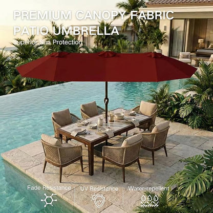 Kingdura 15ft Large Patio Umbrella with Base Included, Double-Sided Rectangle Outdoor Table Umbrella with 12 Reinforced Ribs, Crank Lift for Market Pool Deck Backyard, Dark red
