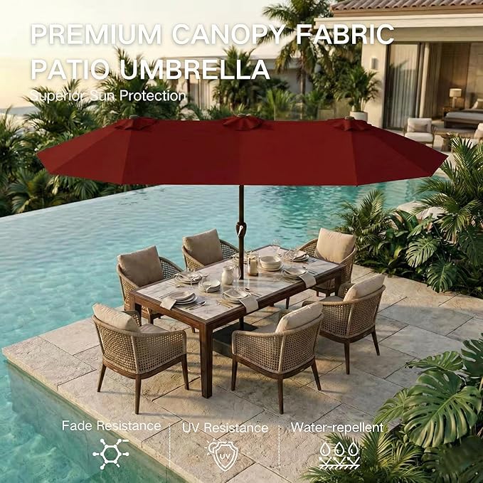Kingdura 13ft Large Patio Umbrella with Base Included, Double-Sided Rectangle Outdoor Table Umbrella with 12 Reinforced Ribs, Crank Lift for Market Pool Deck Backyard, Dark red
