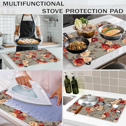 Stove Top Covers for Electric Stove,Vintage Flowers Flat Top Stove Cover,Red Rose Floral Heat Resistant Glass Top Stove Cover Protector Anti-Slip Range Covers, 28 x 20 Inch