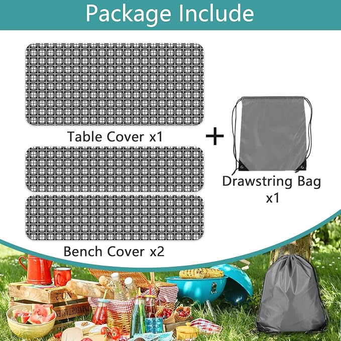 Picnic Table Cover with Bench Covers and Bag, Camping Essentials, Buffalo Plaid Waterproof and Windproof, Fitted Tablecloth Cover with Elastic Edge, for Outdoor, 3 PCS, (Black & White, 30"x60")