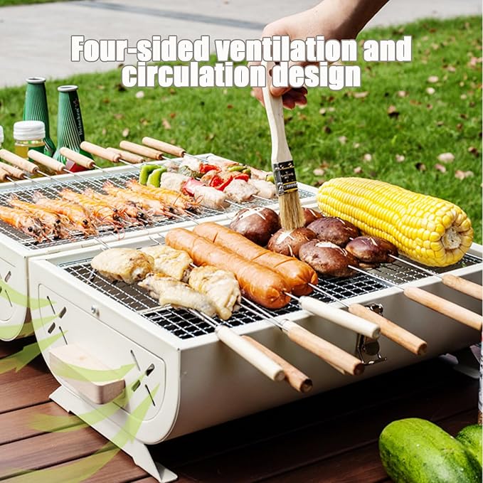 Portable Charcoal Grills With Lid, Small Folding Tabletop Grill, 14.95*10.04 Inch Compact Barbecue, Both-side Grate for Outdoor Cooking Camping, Picnics, Backyard, Balcony (With eight-piece set and s
