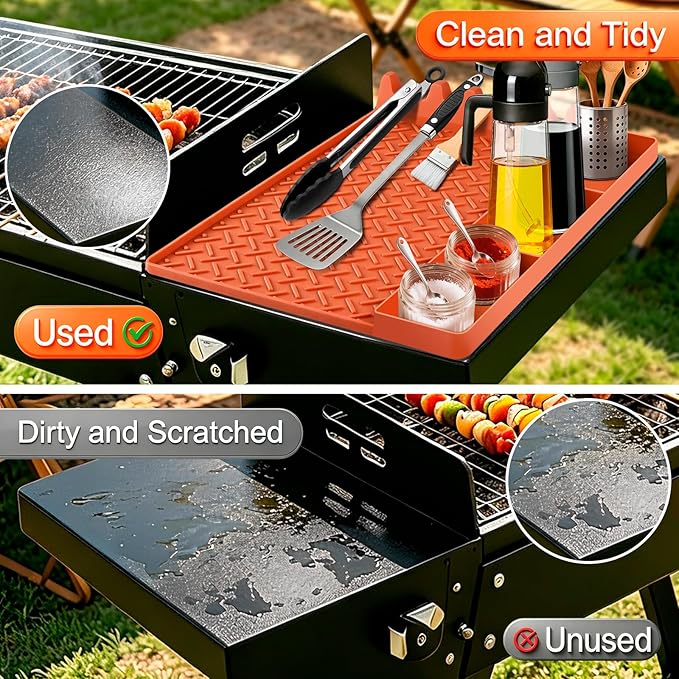 Silicone Grill Tool Mat for Blackstone, BBQ Griddle Mat with Drip Pad, Side Mats for Blackstone Griddle Accessories, Heat Resistant Spatula Mats for Outdoor Kitchen Counter, Gifts for Men (Orange)