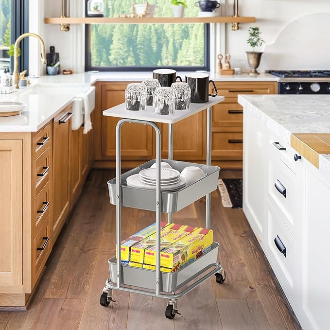 Simple Houseware 2-Tier Rolling Utility Cart Wood Top/Lockable Wheel, White | Metal Storage Organizer Trolley for Kitchen, Bathroom, Office, Craft Room