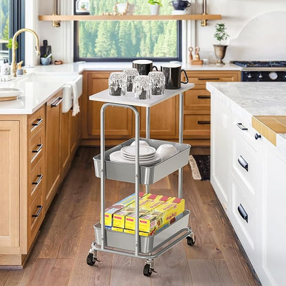 Simple Houseware 2-Tier Rolling Utility Cart Wood Top/Lockable Wheel, White | Metal Storage Organizer Trolley for Kitchen, Bathroom, Office, Craft Room