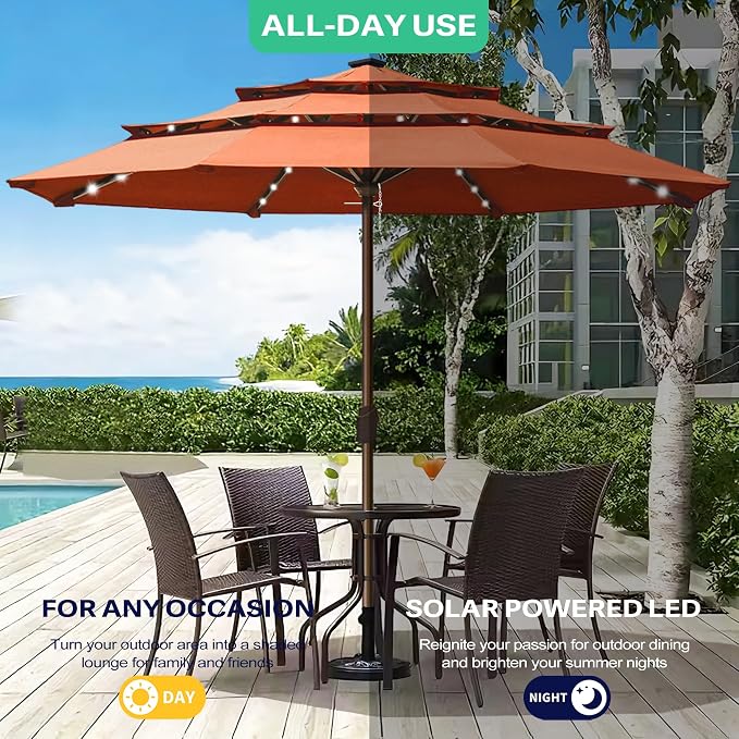 EliteShade USA 10-Year-Non-Fading 10ft 3-Tier Market Patio Umbrella, Commercial Table Umbrella with 80 Solar LED Lights, Crank Open, Windproof & UPF 50+ UV Protection for Garden, Deck, Pool, Backyard, No Tilt, Rust