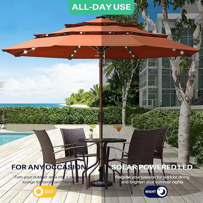 EliteShade USA 10-Year-Non-Fading 10ft 3-Tier Market Patio Umbrella, Commercial Table Umbrella with 80 Solar LED Lights, Crank Open, Windproof & UPF 50+ UV Protection for Garden, Deck, Pool, Backyard, No Tilt, Rust