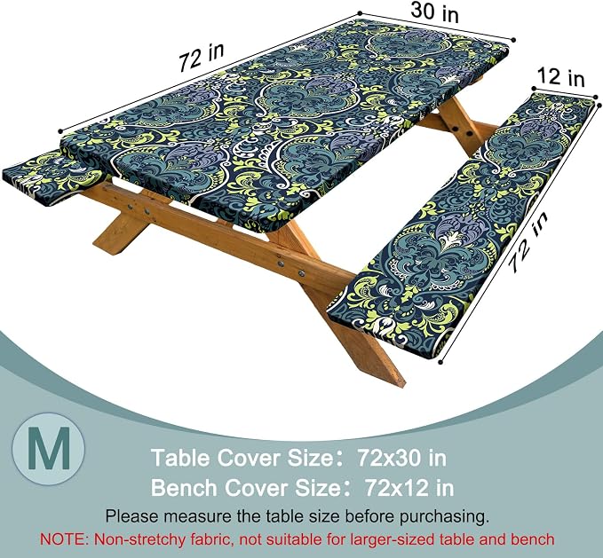 Picnic Table Cover with Bench Covers Windproof Waterproof Picnic Table Covers Camping Tablecloth with Self-Storage Bag, 72in, Boho Blue