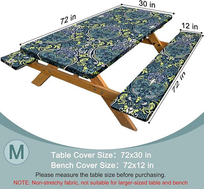 Picnic Table Cover with Bench Covers Windproof Waterproof Picnic Table Covers Camping Tablecloth with Self-Storage Bag, 72in, Boho Blue