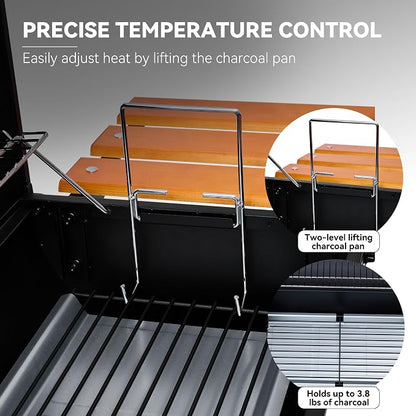 Royal Gourmet CC1624W Barrel Charcoal Grill with Offset Smoker, 552 Sq. In. Cooking Area, Wooden Front and Side Shelf with Hooks, Mesh Bottom Shelf, Charcoal Grill for Outdoor Grilling, Black