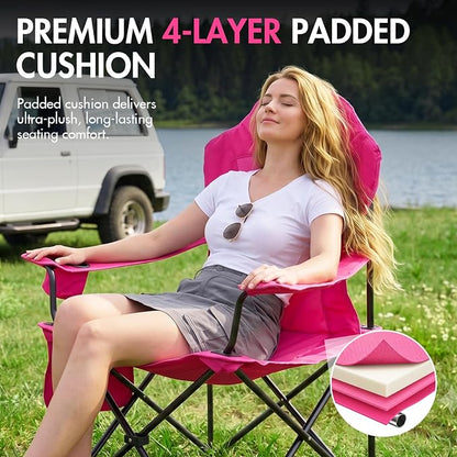 EVER ADVANCED Oversized Camping Chairs, Folding Chairs for Outside Heavy Duty 400LBS Lawn Chairs High Back Camp Chair with Cup Holder for Outdoor, Fishing & Sports, Pink