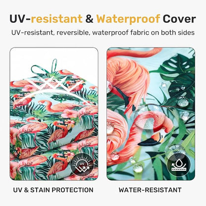 UNIKOME Outdoor Chair Cushions Pack of 4, Water Resistant Patio Cushions with Ties, High Density Sponge Filling Square Corner Seat Cushions for Outdoor Furniture, 18.5"*16"*3", Pink Flamingos