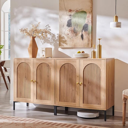 IFBUY Modern Sideboard Buffet Cabinet, 61.75" W Fluted Arched Buffet Cabinet with Storage and Adjustable Shelves, Wooden Modular Coffee Bar Cabinets for Kitchen, Entryway, Natural