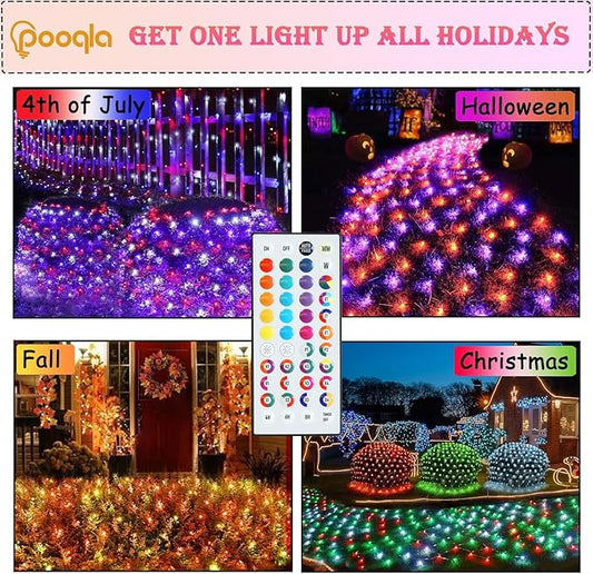 Pooqla RGB Christmas Net Lights, Color Changing Outdoor LED Mesh Lights, 14.8x4.9 ft 240 LED Christmas Outdoor Net Light, Connectable Plug in Waterproof Tree Light Bushes Decor