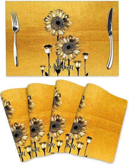 Sunflower Placemats Set of 4, Summer Table Mats for Dining Table | Heat Resistant Washable Linen Gold Place Mats for Kitchen Party Home Farmhouse Decor 12x18 Inch