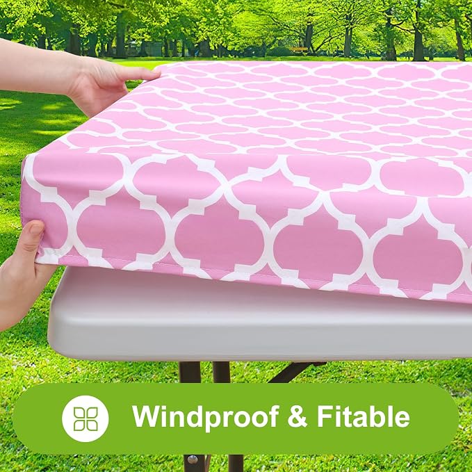 Smiry Picnic Fitted Table Cover, 6 Foot Flannel Backed Vinyl Tablecloth | Waterproof Elastic Stretch Table Cloth, Wipeable Plastic Tablecloth for Camping, Indoor & Outdoor (Pink, 30" x 72")