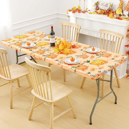 Smiry Thanksgiving Fitted Table Cover, 8 FT Flannel Backed Vinyl Tablecloth | Waterproof Elastic Stretch Table Cloth, Wipeable Plastic Tablecloth for Autumn Harvest & Parties (Yellow & Orange, 30" x 96")