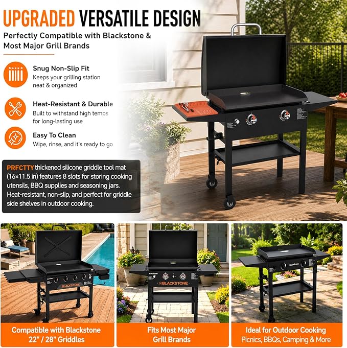 Silicone Grill Mat for Blackstone Griddle, 16x11.5 Extra-Thick Non-Slip Spatula Holder Mat with Grease Drip Pad, Heat Resistant BBQ Utensil Organizer for Side Shelf, Ideal Gifts for Men (Orange)