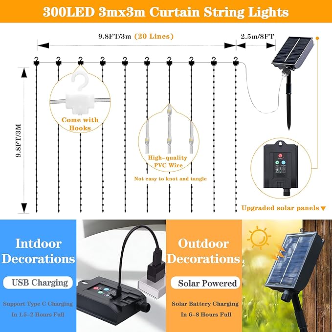 Solar Curtain Lights Outdoor Waterproof, 300LED 9.8x9.8FT Fairy String Lights with USB-C & Solar Charging, Remote Timer Twinkle Waterfall Lights for Patio Garden Wedding Decor (Warm)