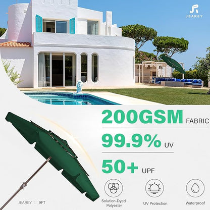 JEAREY 3 Tiers 9 FT Patio Umbrellas Outdoor Table Umbrella with Push Button Market Umbrella 8 Sturdy Ribs UV Protection Waterproof for Garden,Dark Green