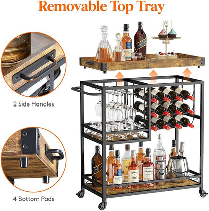 Lifewit 3 Tier Bar Cart with 12 Wine Racks, Serving Trolley, Rustic Brown | Home serving drink cart with removable tray, liquor beverage storage for kitchen dining living room, 30 x 15.7 x 36.6 inch