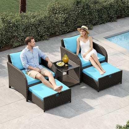 Garvee 5-Piece Outdoor Patio Conversation Set with Hidden Ottomans | PE Rattan Wicker Patio Furniture with Soft Cushions & Glass Coffee Table, Outdoor Lounge Chairs for Porch, Backyard (Blue)