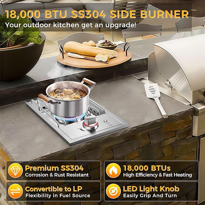 Grilling Side Burners for Outdoor Kitchen,18,000BTU Nature Gas Side Burner Convertible to Liquid Propane, Duty Heavy 304 Stainless Steel, Single Burner for BBQ Island Grill, Gold