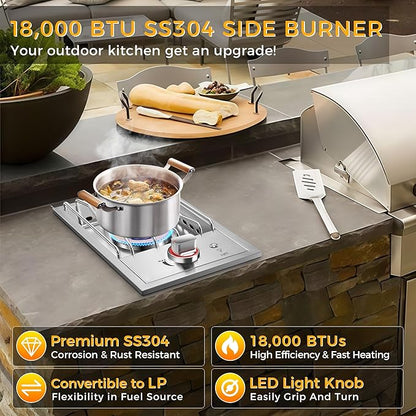 Grilling Side Burners for Outdoor Kitchen,18,000BTU Nature Gas Side Burner Convertible to Liquid Propane, Duty Heavy 304 Stainless Steel, Single Burner for BBQ Island Grill, Gold