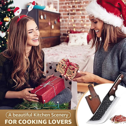 DRGSKL Hand Forged Meat Cleaver Knife Fathers Butcher Knives for Meat Cutting Full Tang Chef Knife with Belt Sheath and Gift Box High Carbon Steel for Kitchen or Camping, Gift for Dad