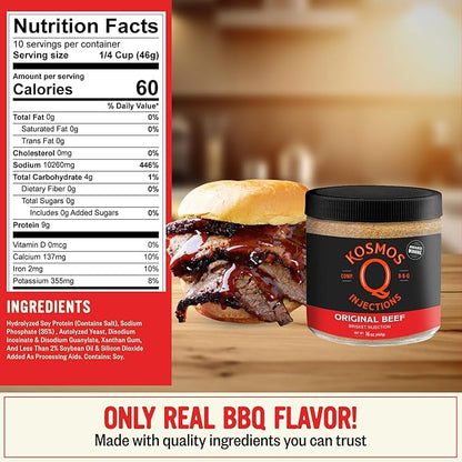 Kosmos Q Original BBQ Beef Injection, Award-Winning Brisket Marinade for Ribs, Roasts, & More, Moisture-Retaining Barbecue and Meat Seasoning, Tender Juicy Flavor, 16 Oz Jar