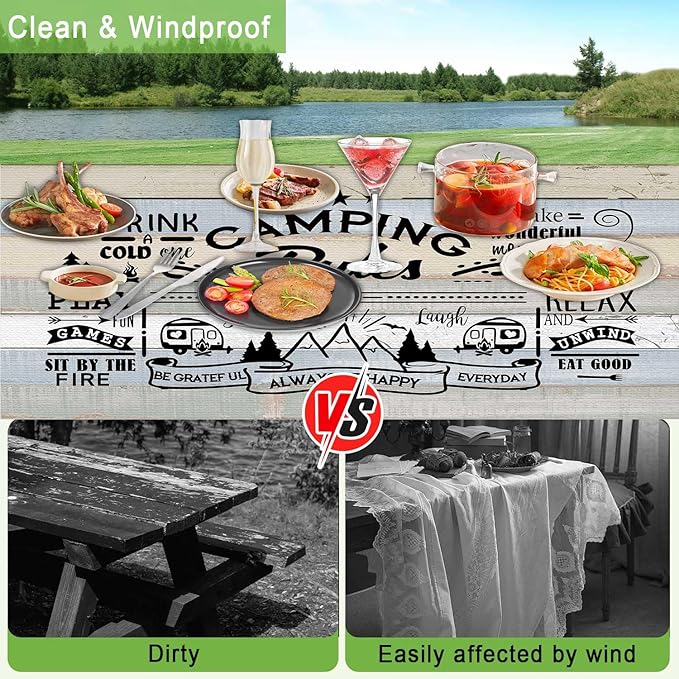 JAWO Picnic Table Cover with Bench Covers, Camping Rules Camper RV Essentials Gear Supplies Outdoor Waterproof Windproof Tablecloth with Elastic, 72in