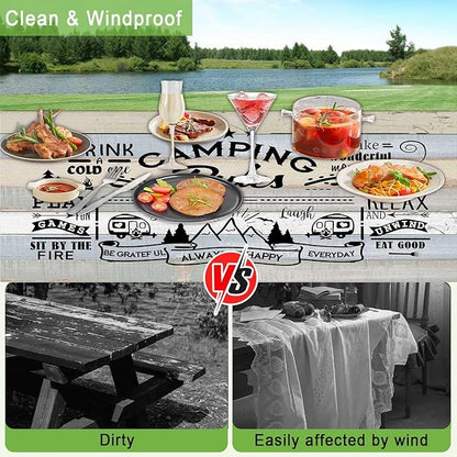 JAWO Picnic Table Cover with Bench Covers, Camping Rules Camper RV Essentials Gear Supplies Outdoor Waterproof Windproof Tablecloth with Elastic, 90in